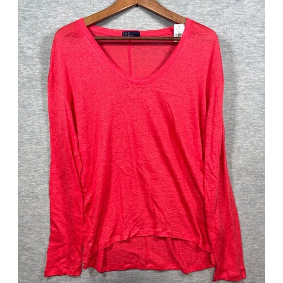 Gap Womens‎ Coral Red Long-Sleeve V-Neck 100% Linen  High-Low Top Size L - Picture 1 of 3